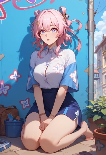 star rail,march 7th,oversized graffiti shirt,dolphin shorts  - AI generated anime art